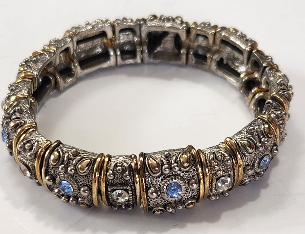 Vtg Two-Tone Stretch Panel Bracelet Renaissance Revival Rhinestones Scrollwork